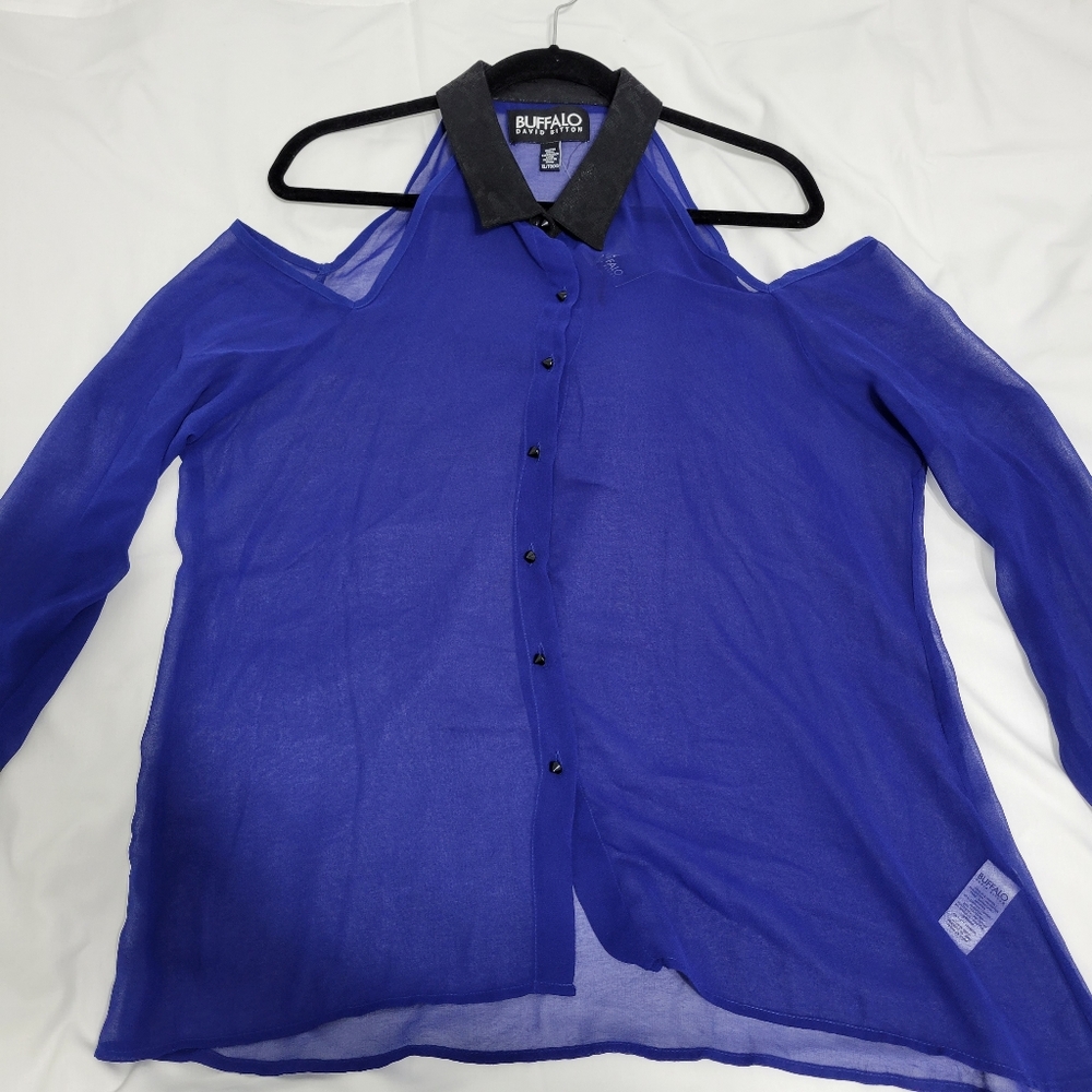 Buffalo David Bitton blue cold shoulder sheer blouse NWT